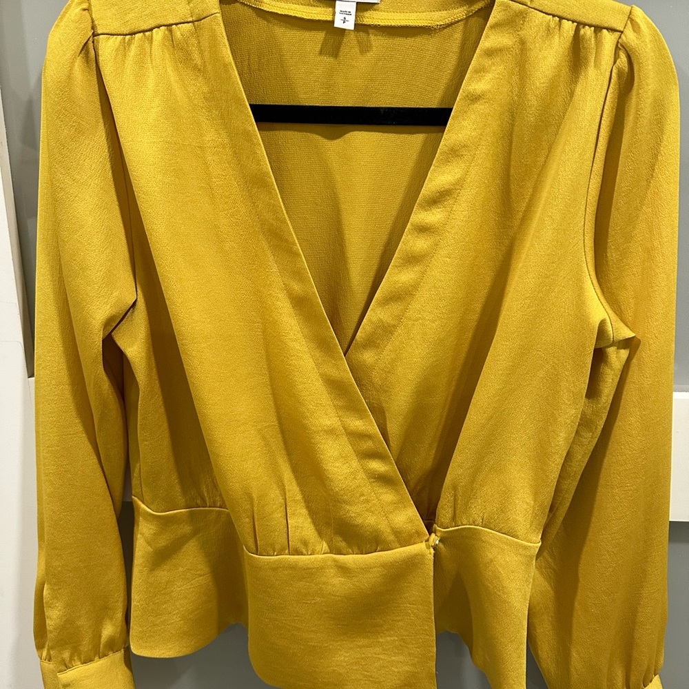 Express Yellow Wrap Peplum Blouse with Notched Collar